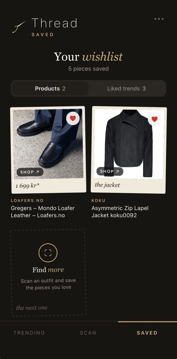 Thread's wishlist with saved products as polaroids