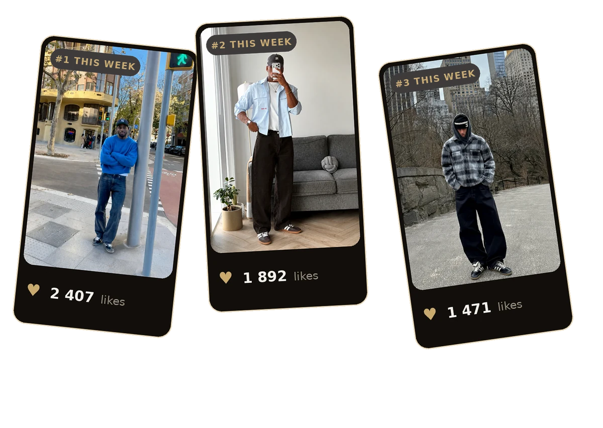 Three trending outfit cards with like counts